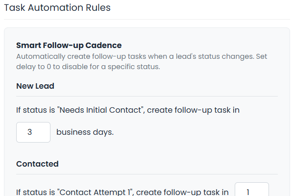 Automation dashboard for setting follow-up rules
